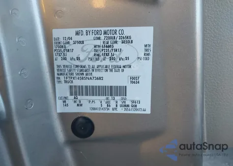 2005 Ford F150 z USA, uszkodzony, nr VIN 1FTPX14585NA73682